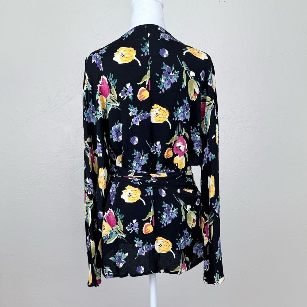Vintage Rodier Floral Wrap Long Sleeve Black Multicolor Print Top 46 FR US L - Picture 4 of 13